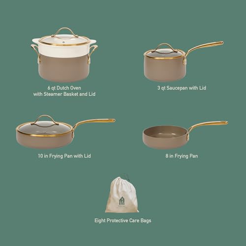Pots and Pans Set (Cappuccino Cream w/ Gold Handle / 8-Piece Cookware Set)
