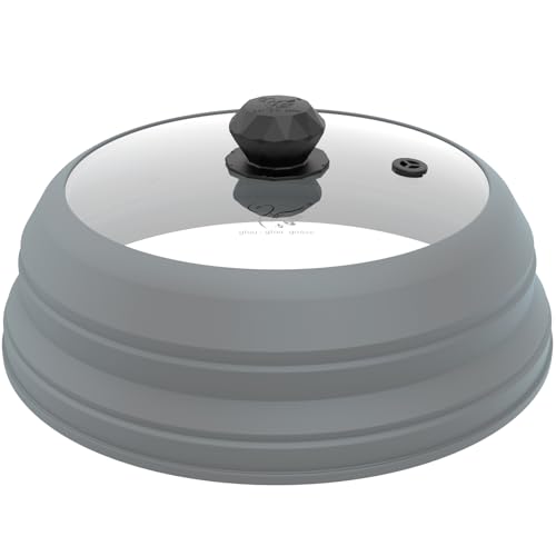 Microwave Splatter Cover Vented Glass Splatter Guard Lid with Collapsible Silicone for Food as Pot Cover Plate 9.8 inch Light Grey (9.8 inch / Light Grey Lid)