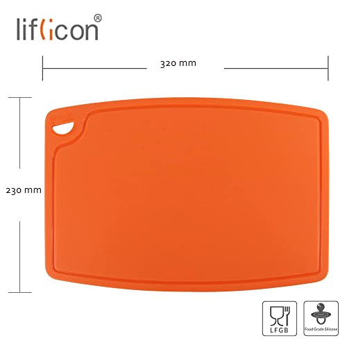 Thick Silicone Cutting Board 12.6'' x 9.1'' Juice Grooves Easy Grip Handle Dishwasher Safe (12.6"L x 9.1"W / Orange)