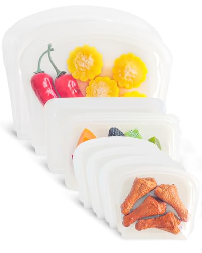 8 Pack Seal Top Silicone Food Storage Bags Microwave Oven Safe (8P Flat - Clear / ‎8Pcs- 4x7oz/ 2x14oz/ 2x28oz)