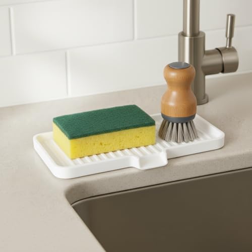 Silicone Soap Dish Tray and Sponge Holder with Drain Chute (Light Grey / (MD) 9"x3.5")