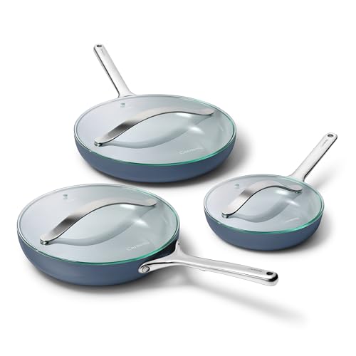 Carway Fry Pan Trio with Glass Lids (1x 8 IN, 1x 10 IN, & 1x 12 IN / Navy)