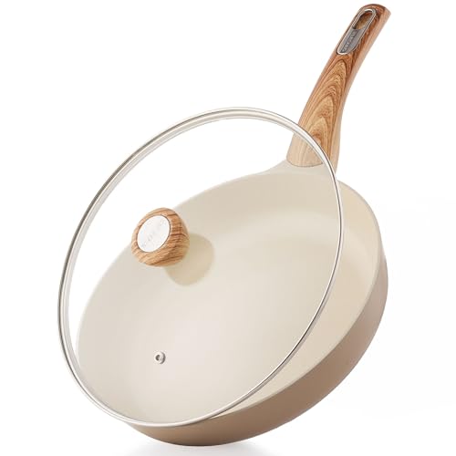 8inch Ceramic Nonstick Frying Pan Paella Pan with Lid (8 Inch / TAFFEE Taupe)