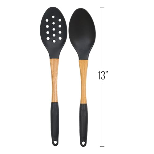 2pc Spoons Grey Nylon Kitchen Utensils Set with Soft Grip Ergonomic Wooden Handles High Heat Resistance (Gray / 2 Piece Set)