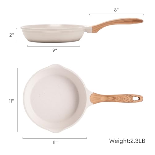 11 Inch Nonstick Frying Pan Skillet with Dual Spouts Cooking Pan (Beige / 11")