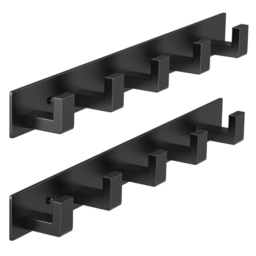 Stainless Steel Wall Coat Rack (Black / 5 "L" Hooks, 2PACK)