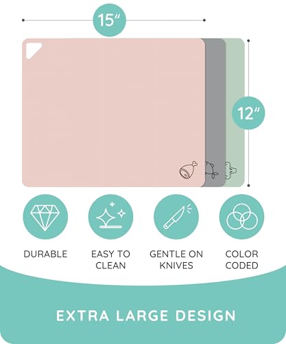 Flexible Plastic Cutting Board Set of 3 (Pink / Green / Gray / 15"L x 12"W)