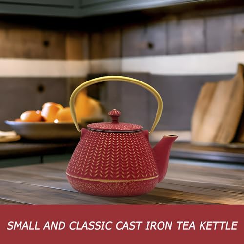 Small Cast Iron Tea Kettle for Stovetop Safe (Red, 1000ml/34oz)