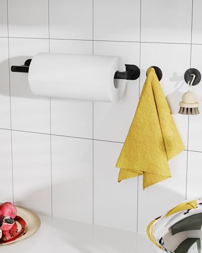Black Paper Towel Holder Under Cabinet with 2 Hooks Self Adhesive (Matte Black / Holder with 2 Hooks)