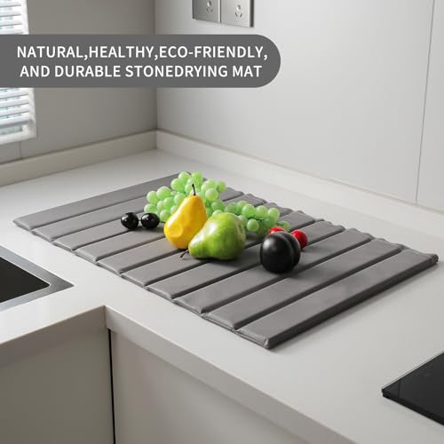 Stone Dish Drying Mat with PU Leather Surface for Kitchen Counter (Medium Gray / 24.8" x 15.7")