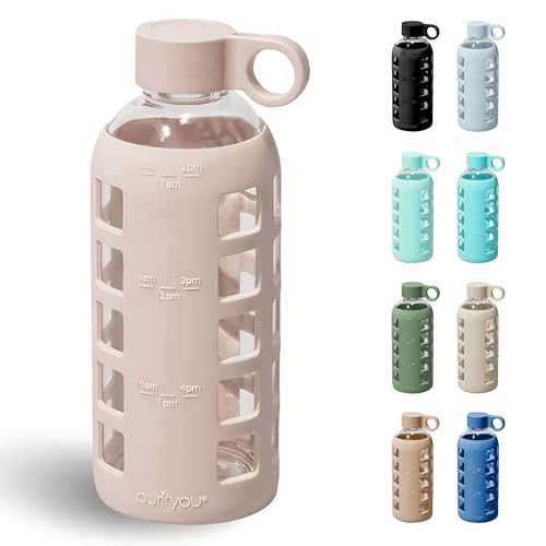 40oz / 32oz / 22oz / 12oz Borosilicate Glass Water Bottle with Time & Volume Markers, Silicone Sleeve, Stainless Steel Lid | Reusable Glass Bottle for Water & Juice (22oz Hazelnut) (Hazelnut (1 Count) / 22 Ounces)