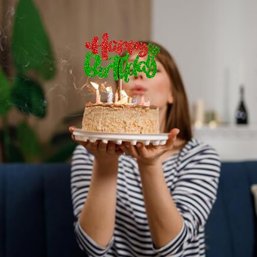 1Pcs Happy Birthday Cake Topper Glitter Happy Birthday Cake Pick for Christmas Theme Baby Shower Anniversary Party Decorations Supplies Red Green (Style 2 / Red Green)