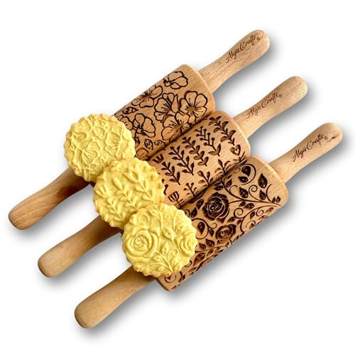 GARDEN BLOSSOMS 3 Small Size Embossed Rolling Pin Set. Wooden Laser Engraved Embossing Dough Roller for Embossed Cookies Gift for Birthday