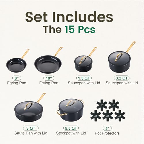 Ceramic Cookware Sets (Stone Black / 15Pcs Set)