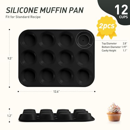2 Pack 12 Cups Silicone Muffin Pan with Metal Reinforced Frame Regular Size Silicone Molds Cupcake Cake Baking Pans Cookie Baking Chocoflan Cupcake Mold Baking Homemade Muffins Cupcakes Egg Bites (2pc: 12-Cup Regular / Black)