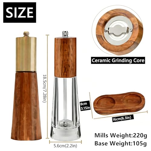 Wooden Salt and Pepper Grinder Set with Base And Acrylic Body Pepper Mill (Gold-Brown+Acrylic)