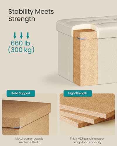 30 Inches Folding Storage Ottoman Bench (Cream White / 15"D x 30"W x 15"H (without Flipping Lid))