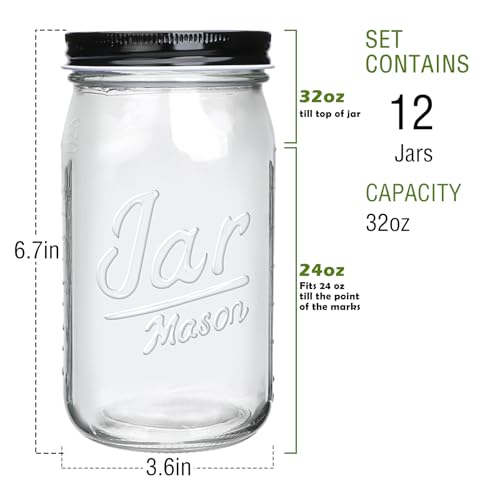 Wide Mouth Mason Jars 32 oz 12 Pack (32oz - Jar Lettering)