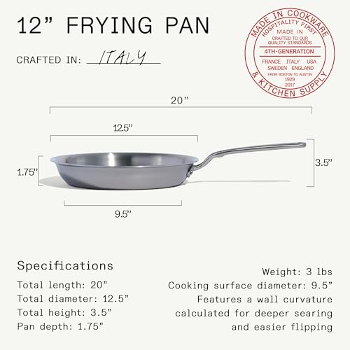 Cookware - 12-Inch Stainless Steel Frying Pan - 5 Ply Stainless Clad - Professional Cookware - Crafted in Italy - Induction Compatible (12")