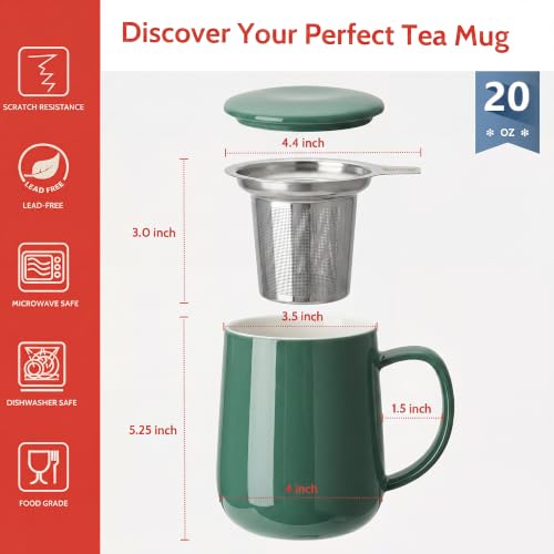 20 OZ Porcelain Tea Mug with Infuser and Lid (Sage Green)