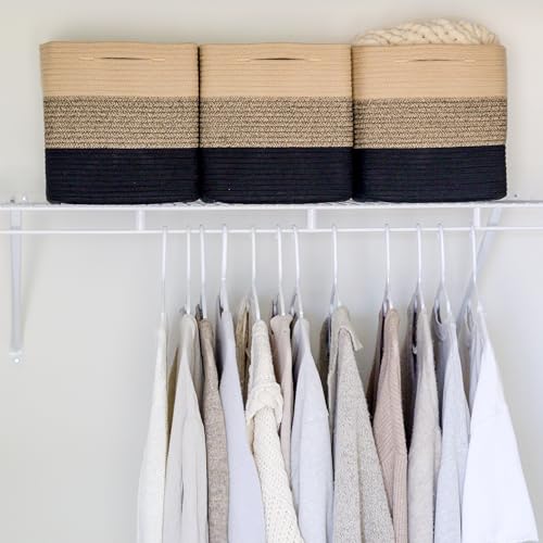 Storage Cubes 11 Inch Cotton Rope Woven Baskets for Organizing (3-Tone Black & Tan Brown)