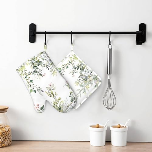Sage Green Eucalyptus Oven Mitts and Pot Holders Sets Silicone Watercolor Butterfly Leaves Kitchen Mitts Potholders Heat Resistant 4Pcs Oven Gloves Hot Pads for Kitchen Baking Cooking (Green Eucalyptus)