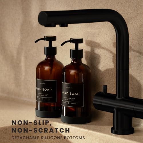 Hand and Dish Soap Dispenser for Kitchen and Bathroom (Amber Bottle / Black Pump)
