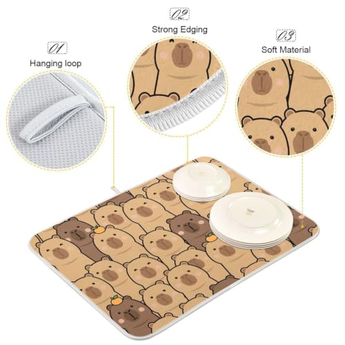 Cute Capybara Orange Dish Drying Mat for Kitchen Counter Absorbent Microfiber Drying Pad (18" x 24")