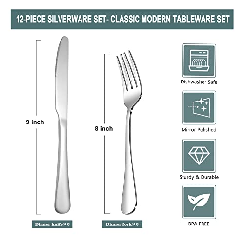 12 Piece Silverware Set with 6 Dinner Knives and 6 Dinner Forks (9.1''6Knives+8.3''6Forks)
