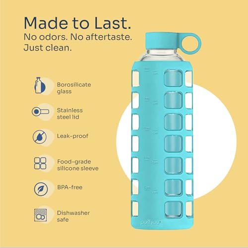 40oz / 32oz / 22oz / 12oz Borosilicate Glass Water Bottle with Time & Volume Markers, Silicone Sleeve, Stainless Steel Lid | Reusable Glass Bottle for Water & Juice (32oz Aqua Blue) (Aqua Blue (1 Count) / 32 Ounces)