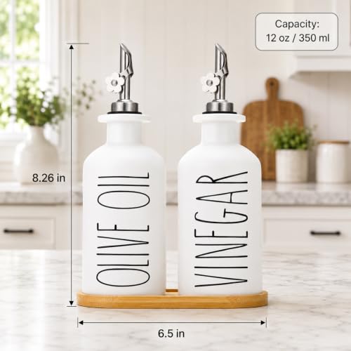 Premium Olive Oil Dispenser for Kitchen (White&Silver+Tray / 11.8 fl oz)