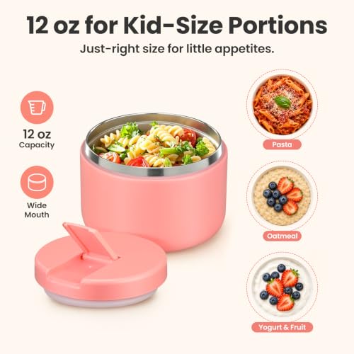 12oz Insulated Vacuum Food Jar with Buckle Lid Wide Mouth Soup Thermo for Hot Food Kids Leakproof Stainless Steel Lunch Container (Pink / 12OZ)