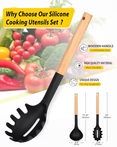 Silicone Soup Ladle and Pasta Spoon Set with Wooden Handle (2 Count)