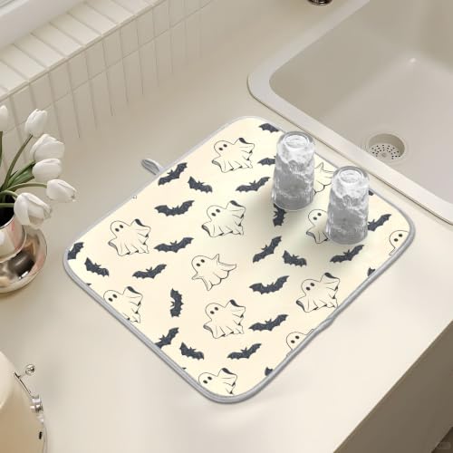 Halloween Spooky Ghost Bats Dish Drying Mat for Kitchen Counter Absorbent Microfiber Large Drying Pad Dish mats for Kitchen Countertops 18 x 24 Inch (Halloween Ghost Bats / 24" x 18")