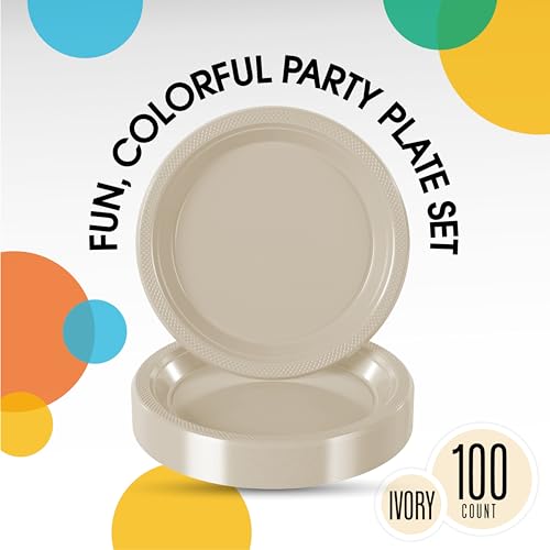Exquisite Party Solids Sturdy Ivory Plastic Plates 7" Cake Plates 100 Pcs (7 inch / Ivory)