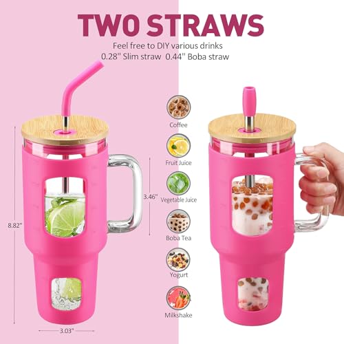 Glass Tumbler with Straw & Lid (Rose Red / 32 Ounces)