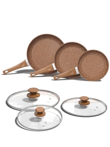 Nonstick Ceramic Frying Pans Skillets Set with Lid 8"+9.5"+11" (Gold)
