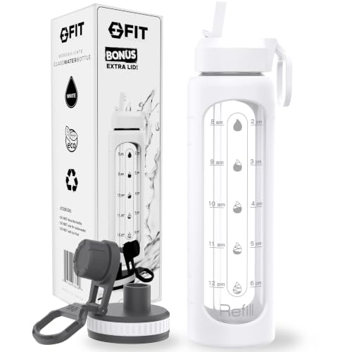Glass Water Bottle 32 oz with Straw Lid & Time Marker (White Sleeve)