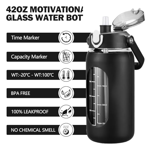 42oz Glass Water Bottles with Straw (Black / 42 Ounces)