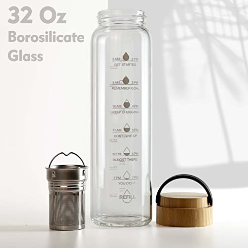 32 oz Motivational Glass Water Bottles with Bamboo Lid Straw and Time Marker (Gray - 2in1 Infuser)