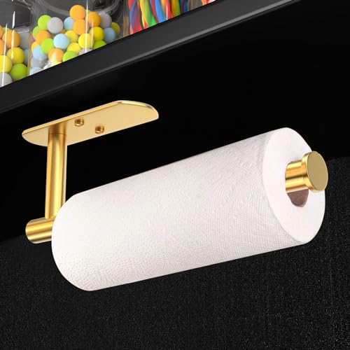 Adhesive Paper Towel Holder Under Cabinet Wall Mount for Kitchen Paper Towel (Gold / 2 Pack)