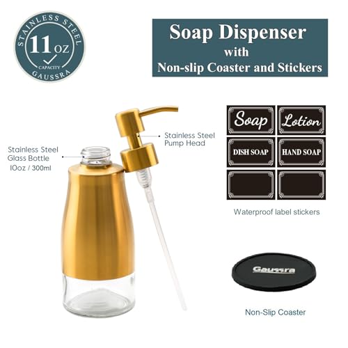 Gold Soap Dispenser with Coaster and Stickers (Brushed Gold)