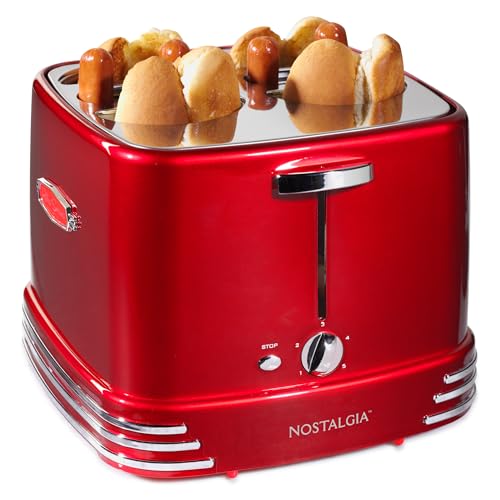 4 Slot Hot Dog and Bun Toaster with Mini Tongs (Metallic Red 4 Slot)