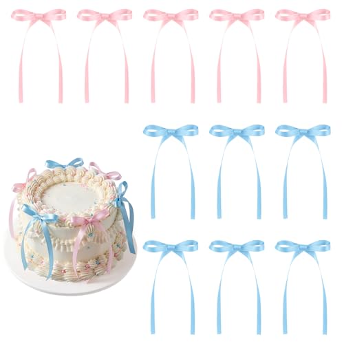 30 Pack Pink Blue Bow Cake Toppers Ribbon Bows for Cake (Pink, Blue)