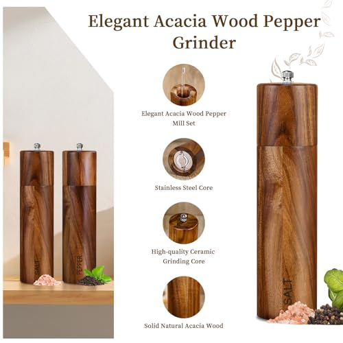 2 Pack Acacia Wooden Salt and Pepper Grinder Set 8 Inches Refillable
