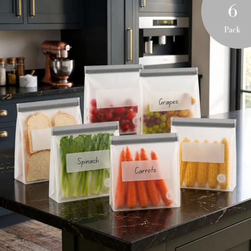 Reusable Food Storage Bags (6 Pack of 6 Gallon Bags (Grey))