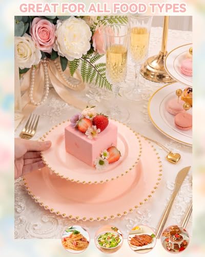 180Pcs Elegant Pink Gold Dinnerware Set for Party Wedding (Pink and Gold Plastic Dinnerware Set / 180PCS)