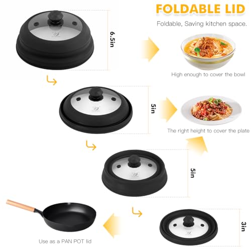 Microwave Splatter Cover Vented Glass Cover Splatter Guard Lid with Collapsible Silicone for Food as Pot Cover Plate Cover 10.8 inch for 6 7 8 9 10 inch Plate Bowl Black (10.8 inch / Black Lid)