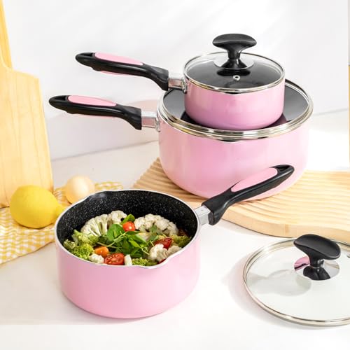 Nonstick Saucepan Set with Lid (Pink)
