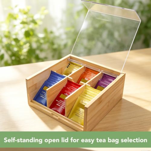Bamboo Tea Bag Organizer Storage Box with 6 Compartments (Compact-Bamboo)